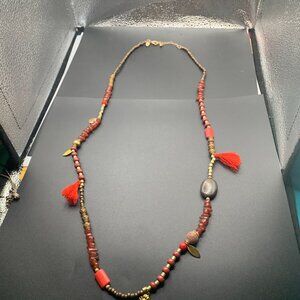 Red and Gold Toned Beaded Tassel 38” Necklace by C